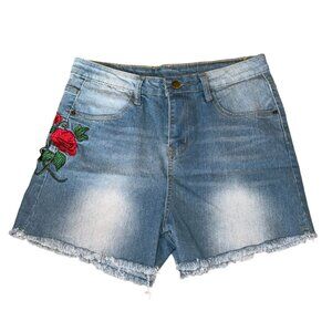 Zaful Womens Denim Shorts W/ Rose Embroidery Frayed Hem Size 4 Light Wash Cotton